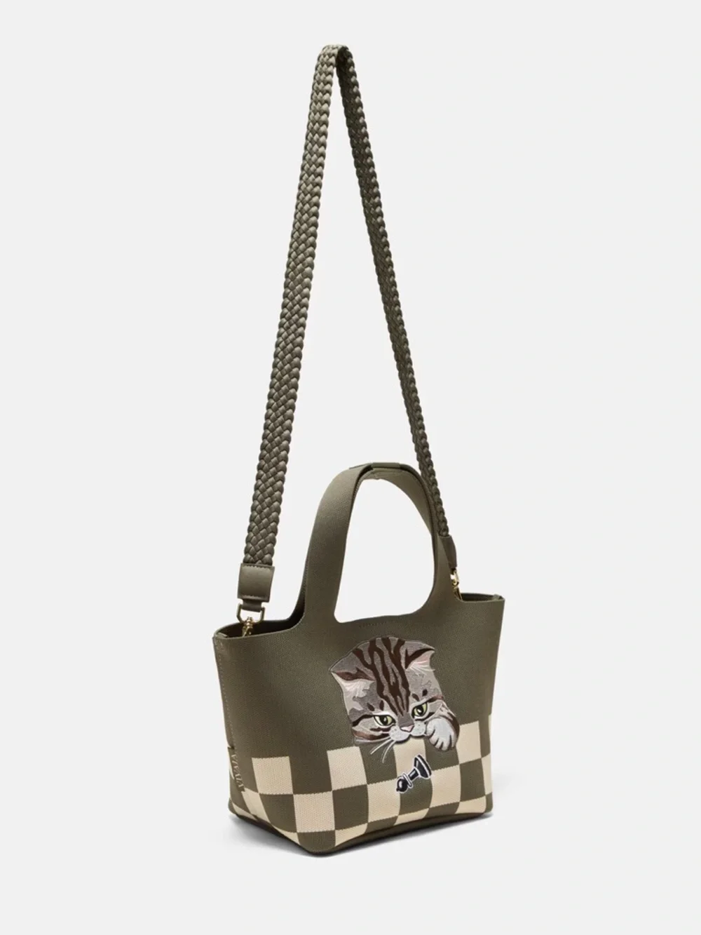 NEW Vivaia The Mini Tote Anita Army Green Checker Board Cat Crossbody Bag